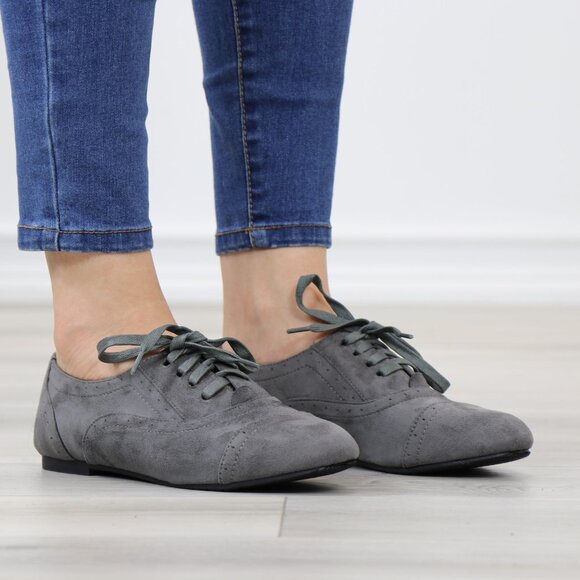 Gray Faux Suede Oxford Lace Up Brogue Detailing Low Heel - Picture 3 of 12